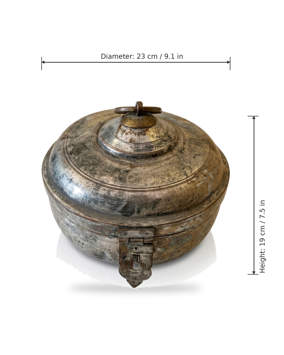 Antique Tin-Lined Brass Kudda Box with Latch & Ring Handle (23x19 cm)