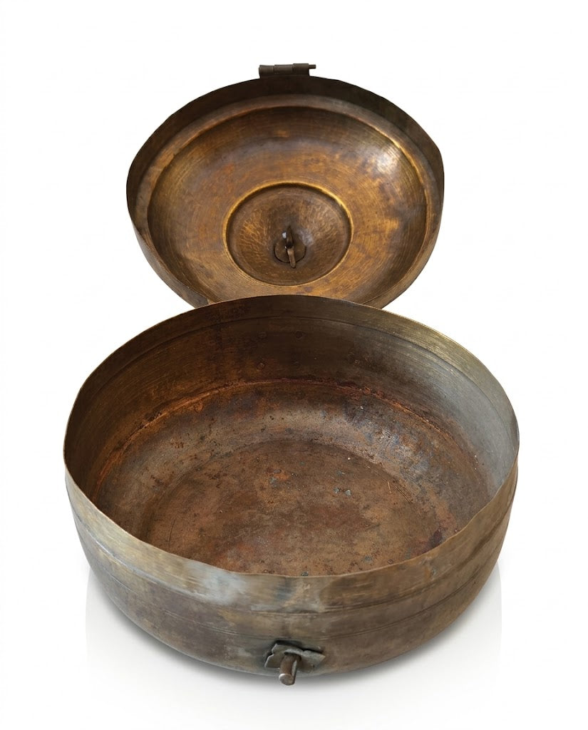 Antique Tiered Dome Brass Kudda Box with Ring Handle (22x16 cm)