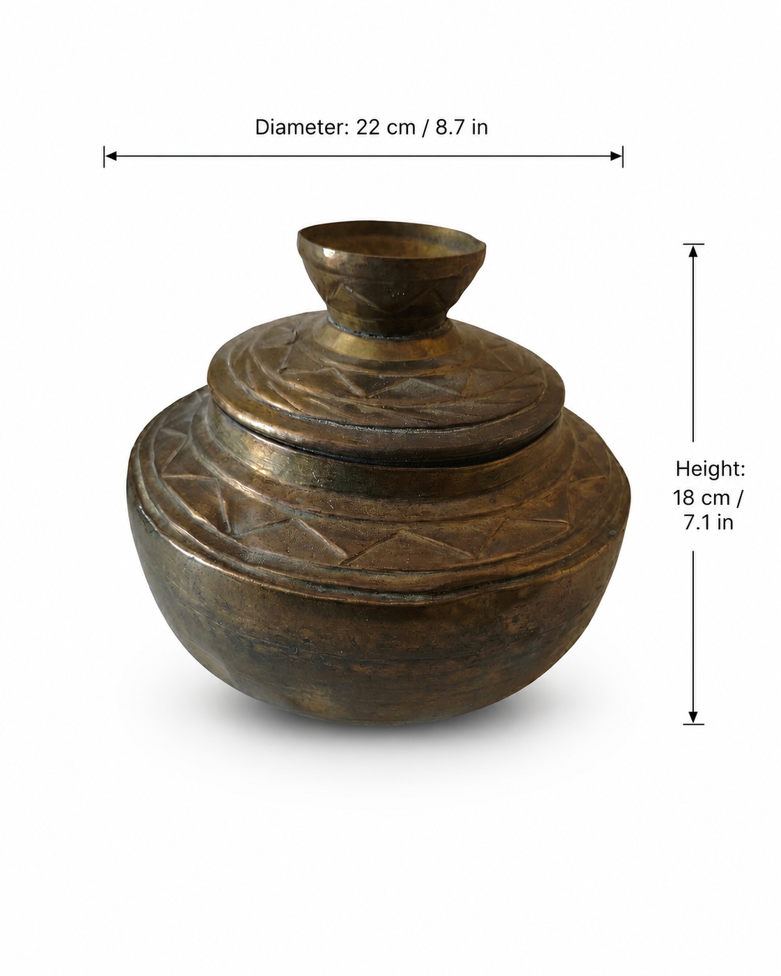 Antique Hand-Engraved Brass Storage Box with Cup Finial (22x18 cm)