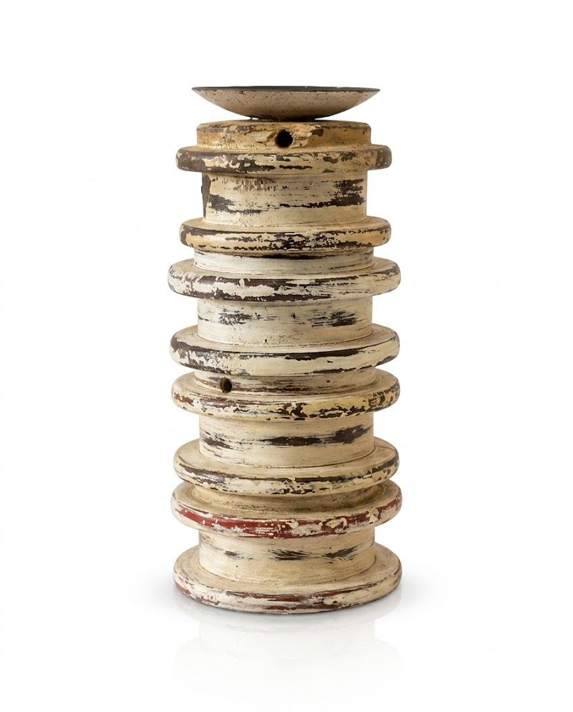Antique Distressed Ribbed Stacked Wooden Candle Holder (11X24 DH CM)