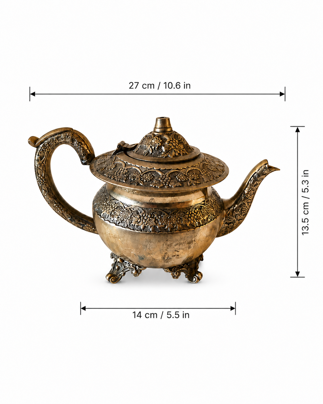 Vintage Handcrafted Brass Teapot with Intricate Engravings (27 x 14 x 13.5 cm)