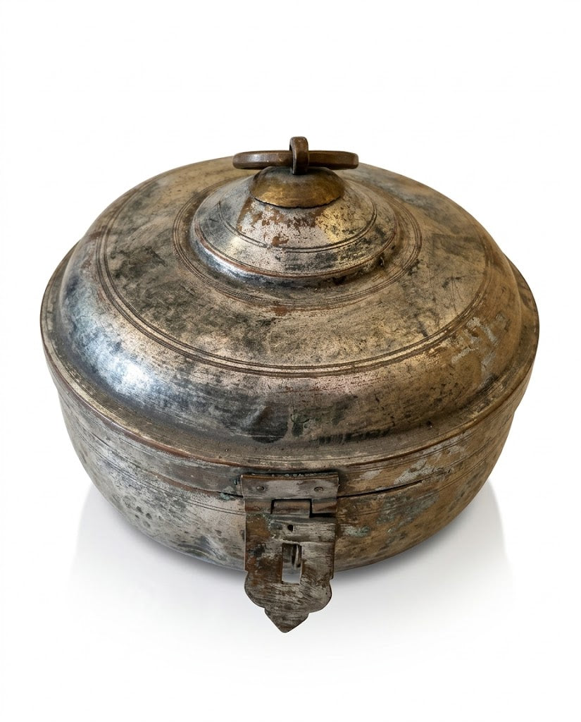 Antique Tin-Lined Brass Kudda Box with Latch & Ring Handle (23x19 cm)
