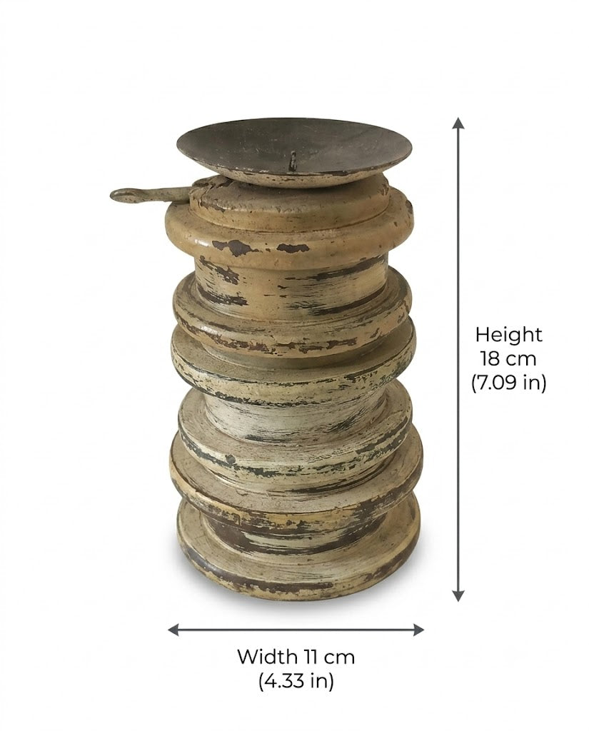 Antique Distressed Stacked Wooden Candle Holder (11X18 DH CM)