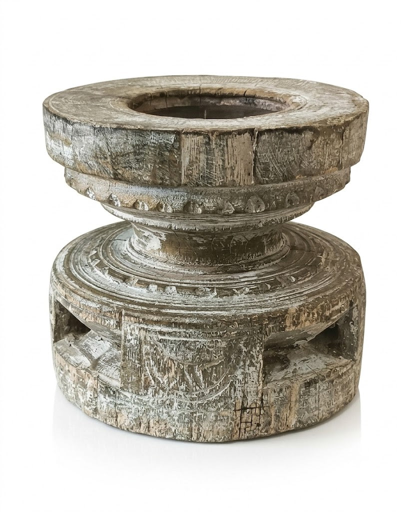 Antique Rustic Wooden Block Base Candle Holder (13X13X13 CM)