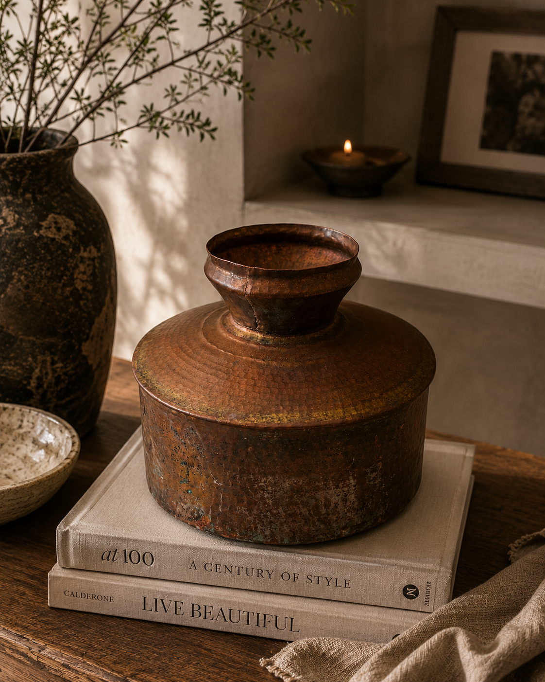 Antique Hand-Hammered Copper-Brass Water Vessel (24x21 cm)