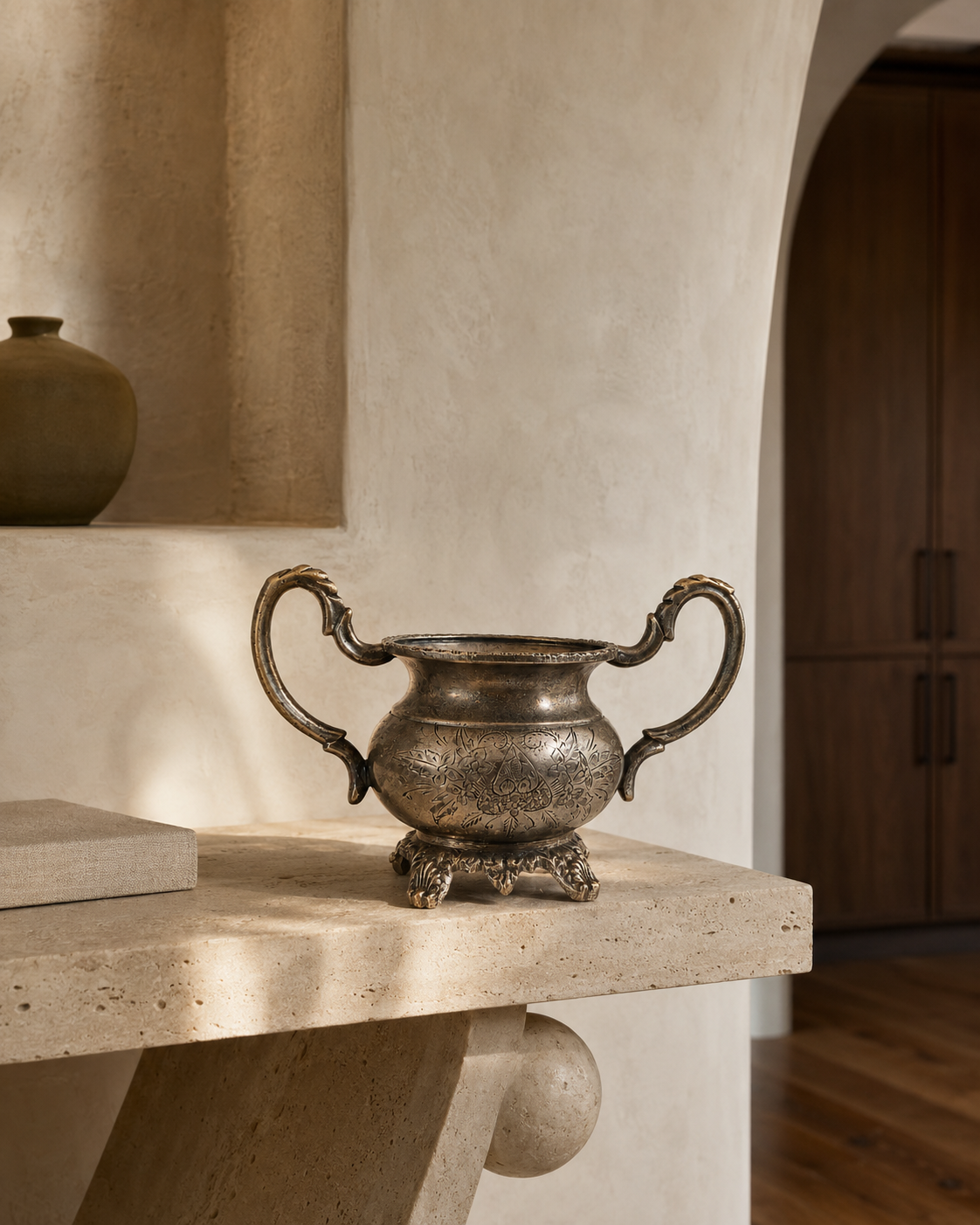 Antique Brass Footed Urn with Ornate Handles