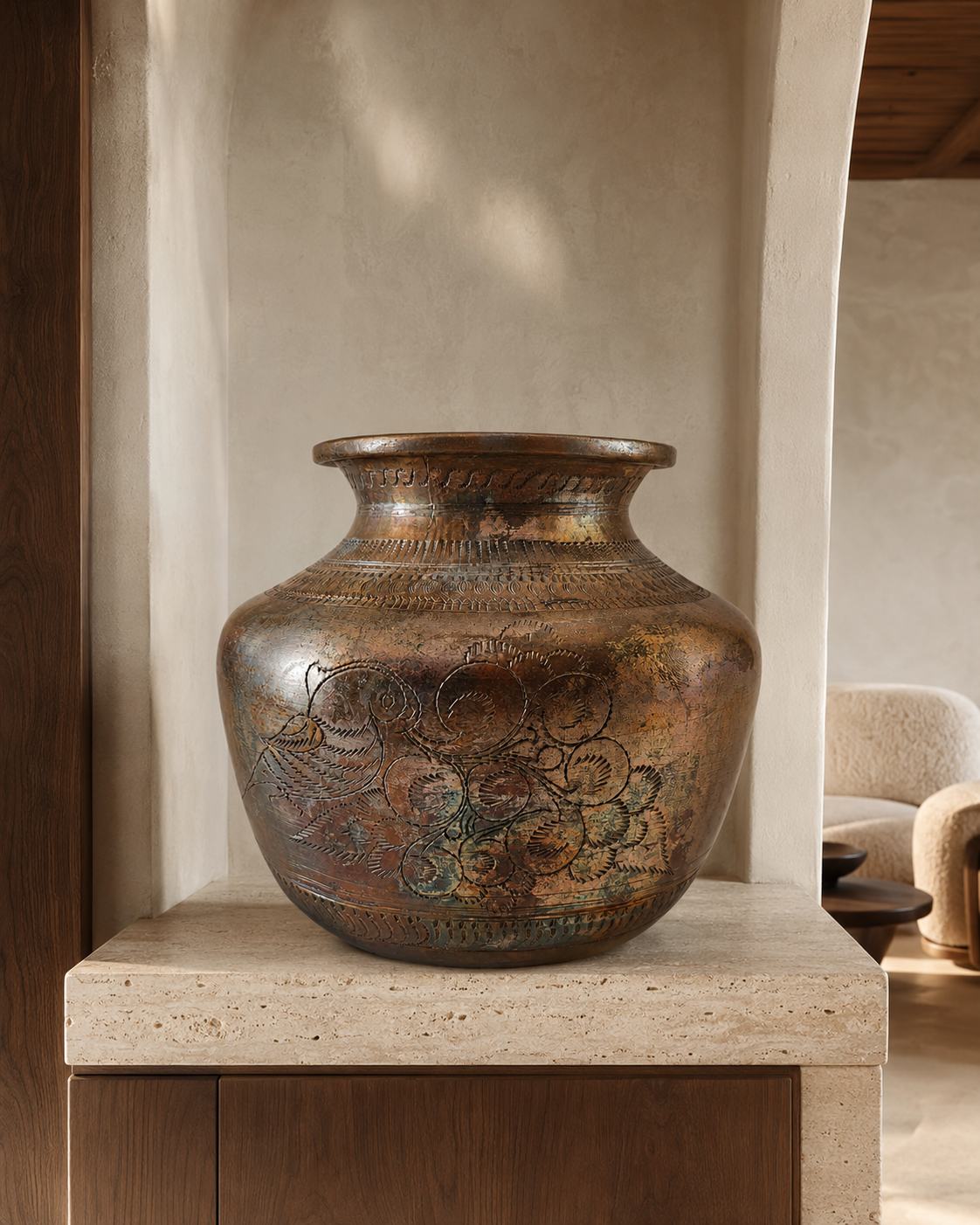 Antique Hand-Engraved Brass Lota(17.5X16 CM)