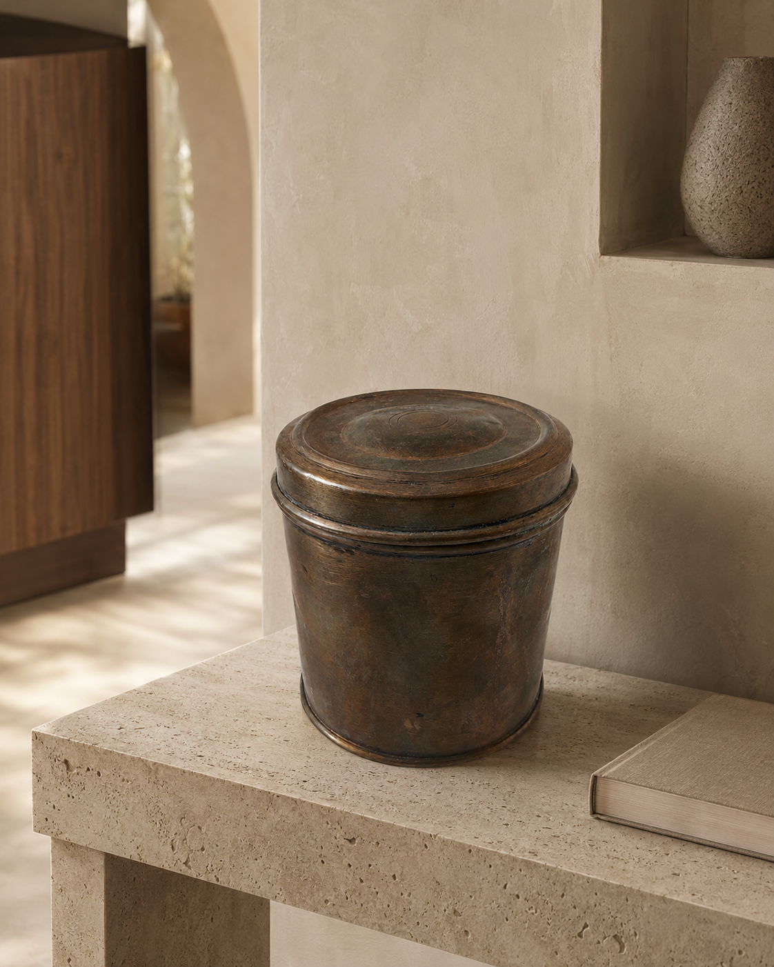 Antique Brass Cylindrical Storage Box with Lid (13X15 CM)