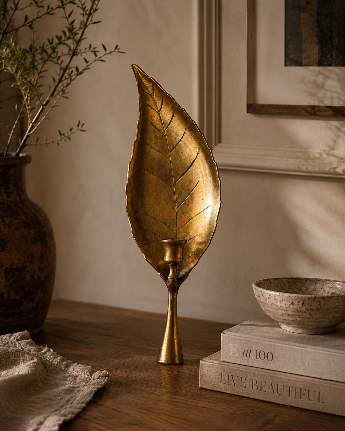 Vintage Brass Leaf Candle Holder – 36x12x5 cm