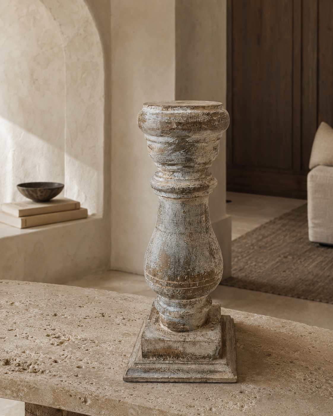 Antique Distressed Chalk-White Baluster Wooden Candlestick (13x13x30 CM)