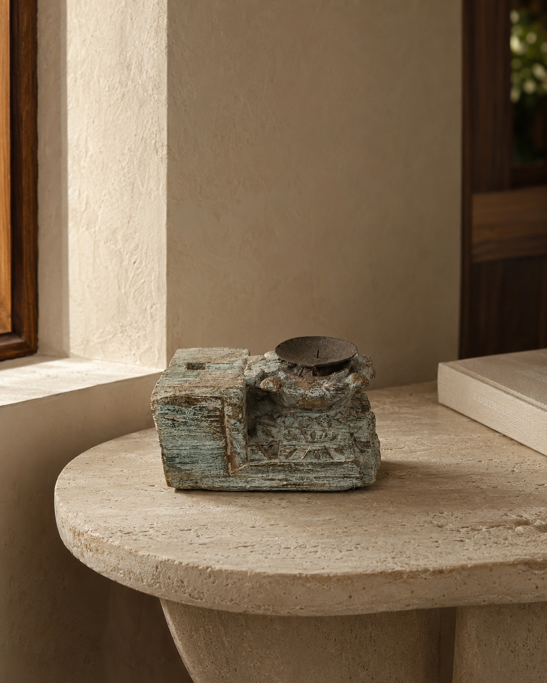 Antique Carved Wooden Wall-Style Candle Holder (11X11X20 CM)