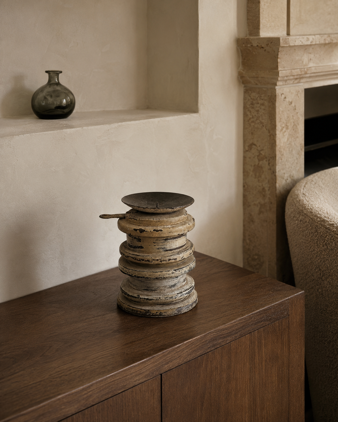 Antique Distressed Stacked Wooden Candle Holder (11X18 DH CM)