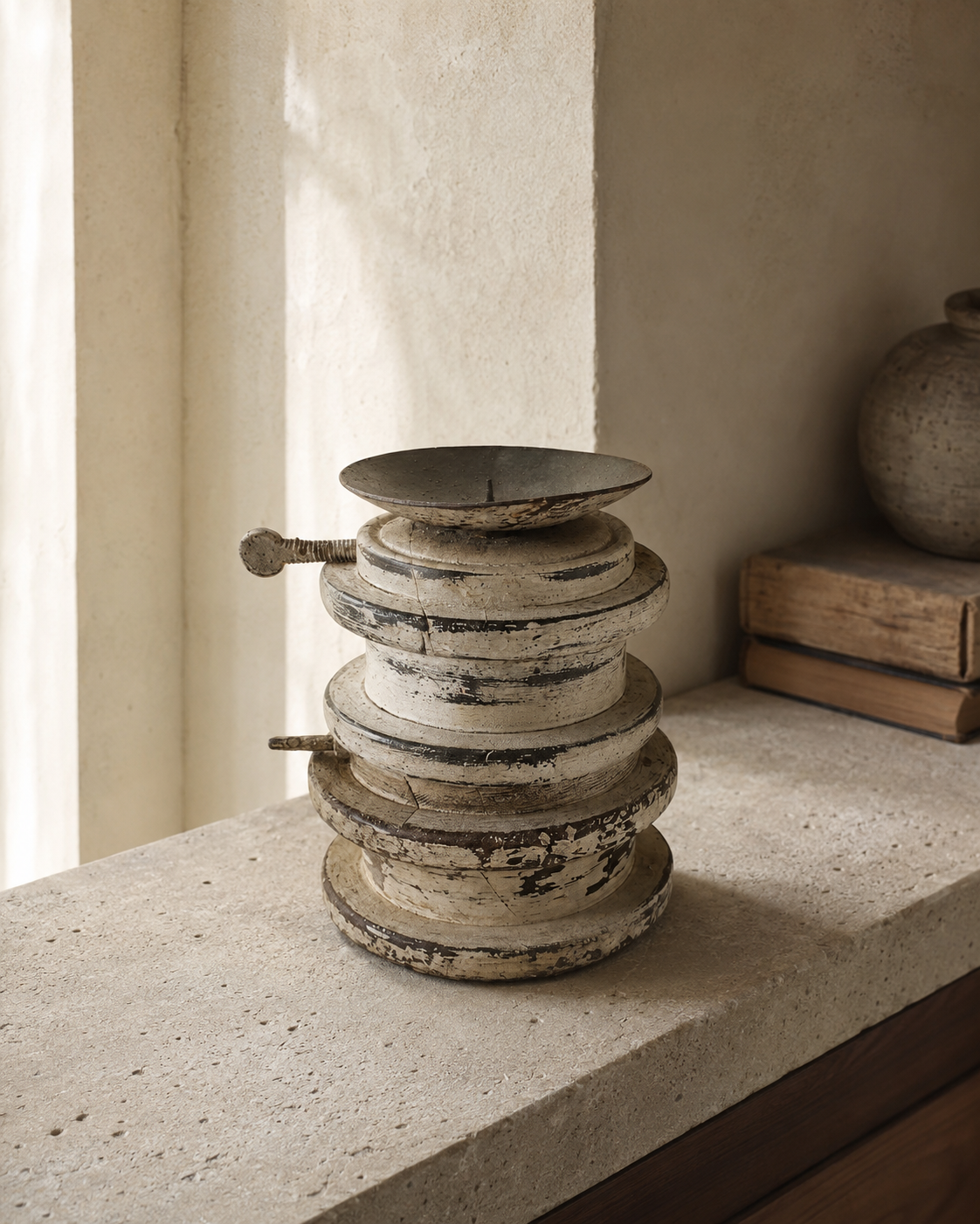 Antique Miniature Stacked Wooden Candle Holder (11X14 DH CM)