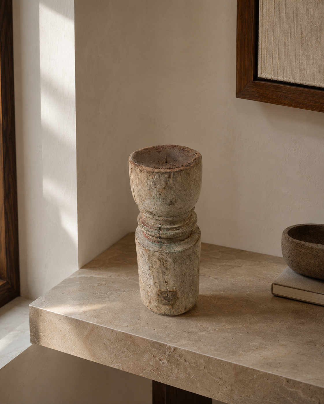Antique Slim Turned Wooden Pillar Candlestick (10X28 DH CM)