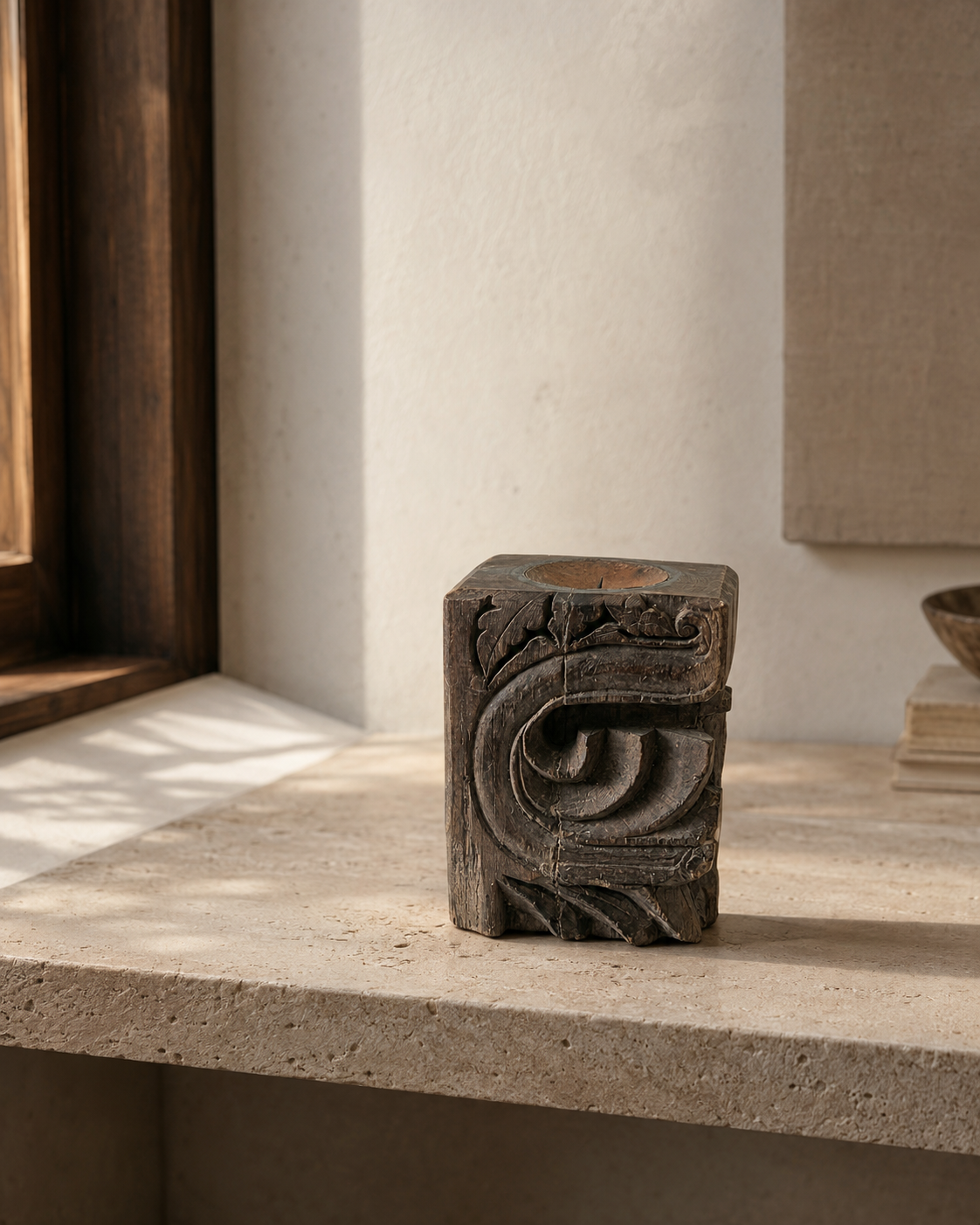 Antique Carved Wooden Corbel Candle Holder (23X16X11 CM)