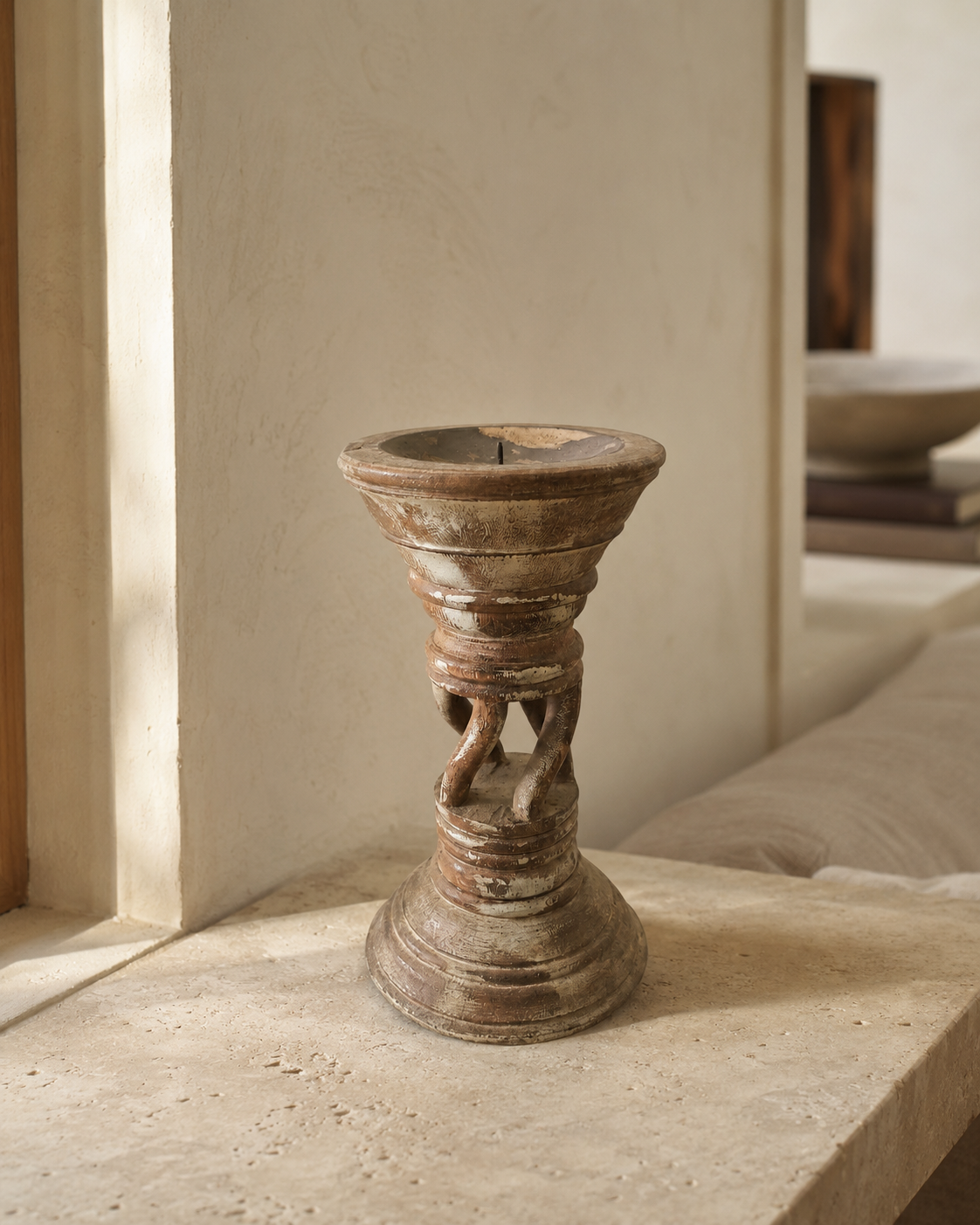 Antique Hollow Twist Carved Wooden Candlestick (14X26 DH CM)