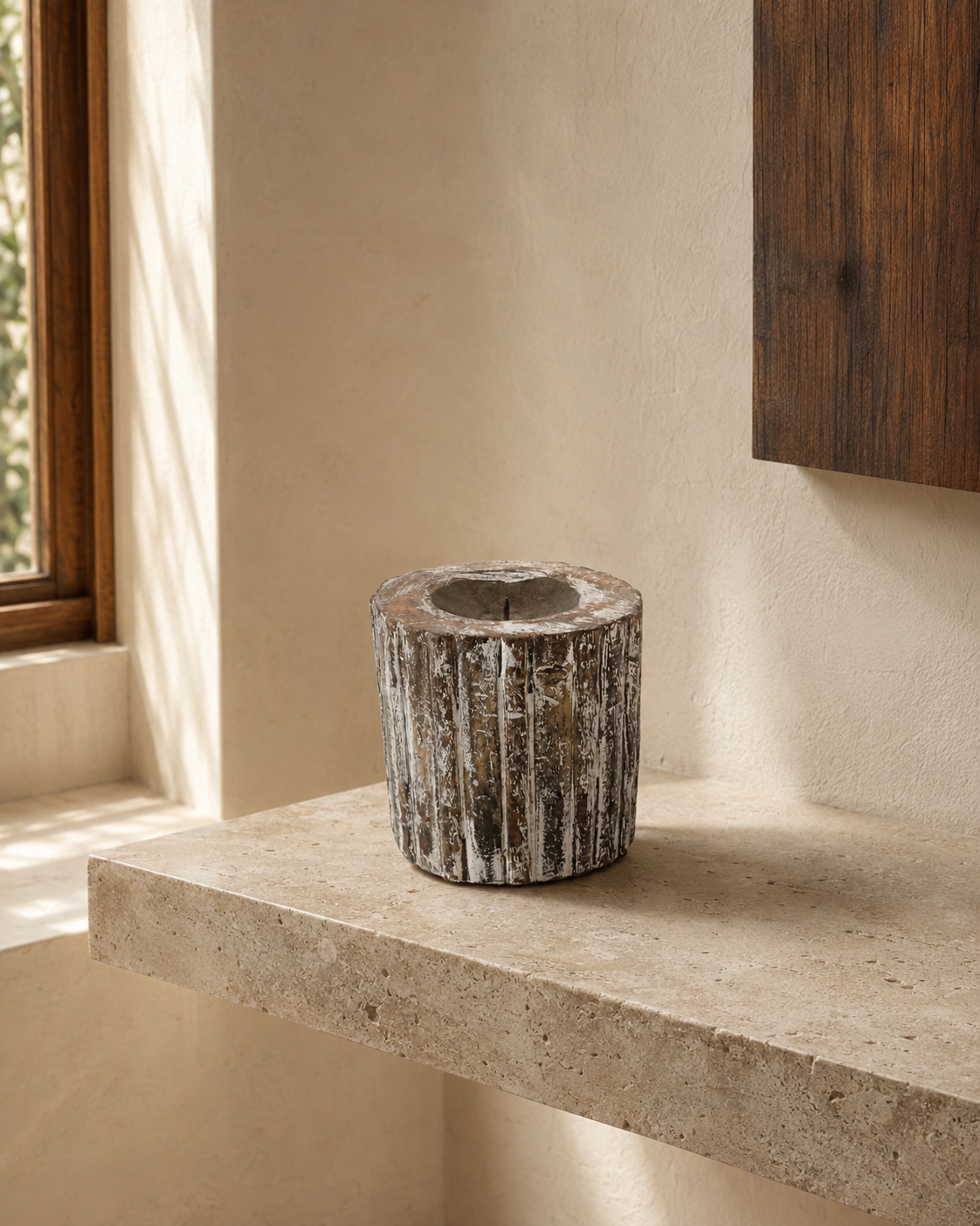 Antique Distressed Log Style Wooden Candle Holder (13X12 DH CM)