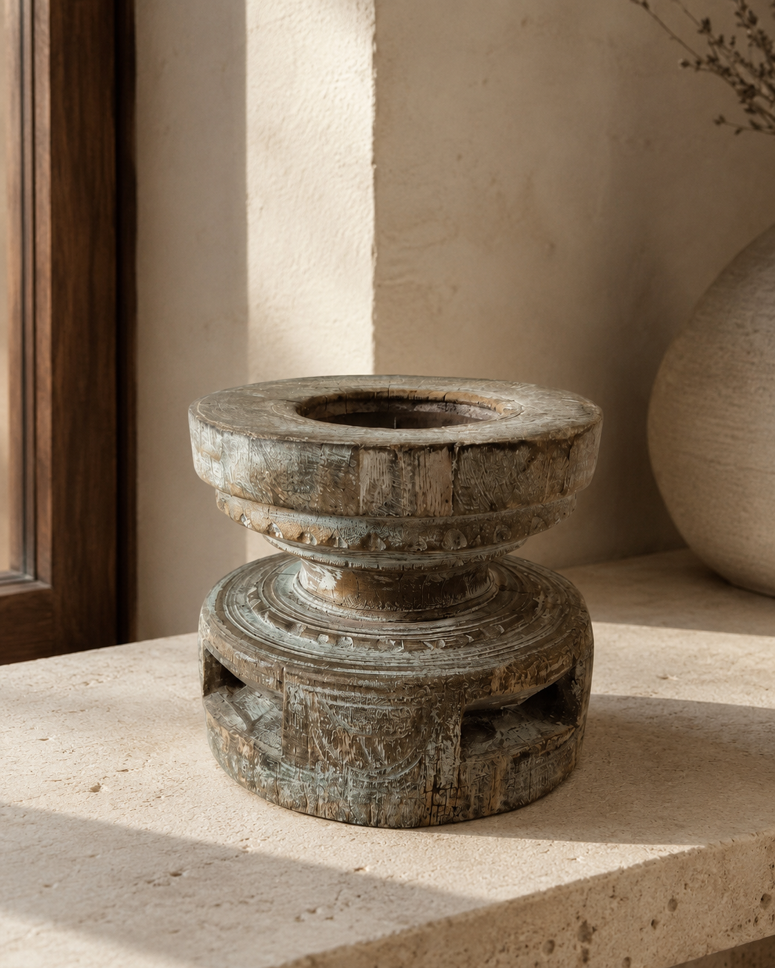 Antique Rustic Wooden Block Base Candle Holder (13X13X13 CM)