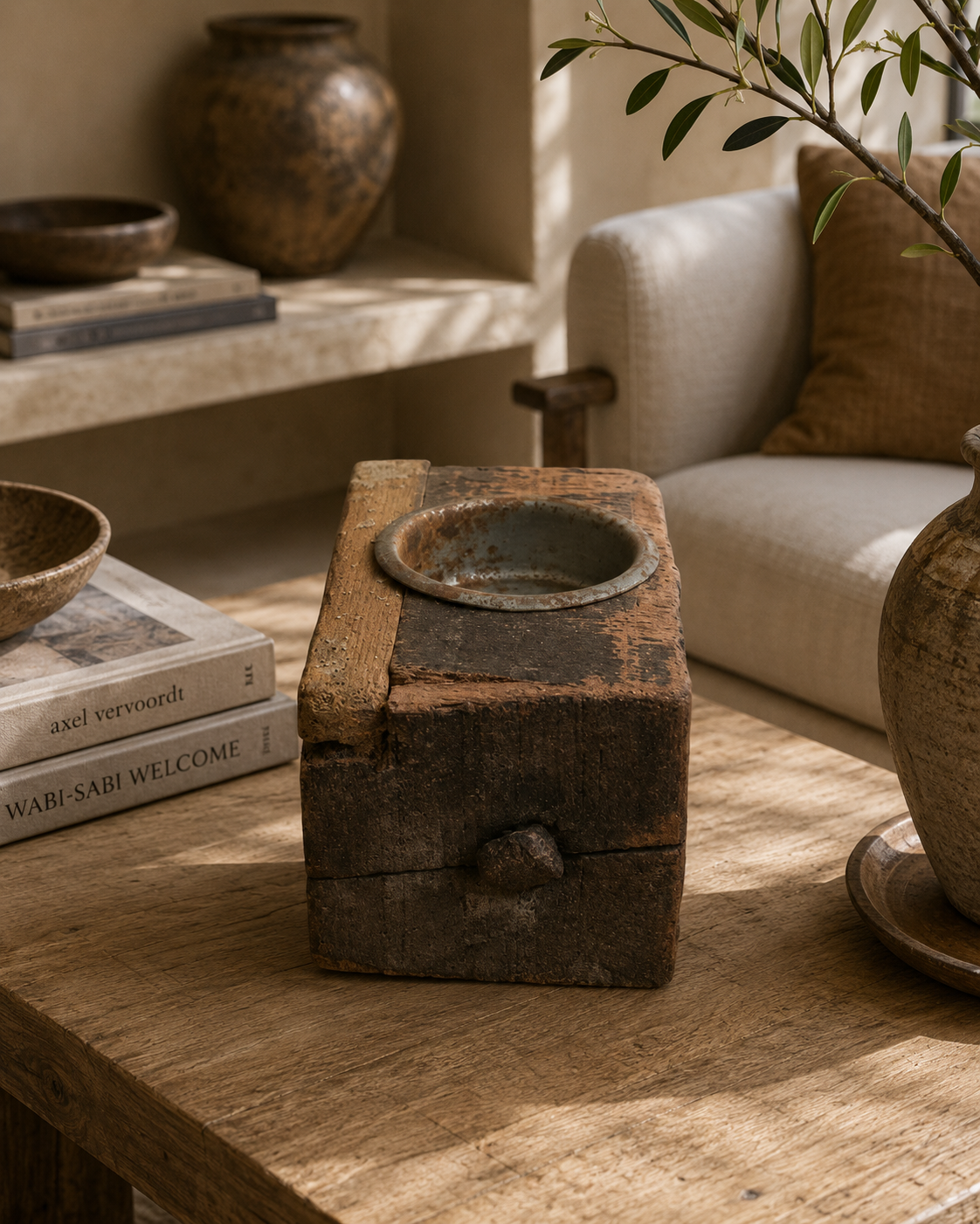 Antique Rectangular Wooden Block Candle Holder (10X6X10.5 CM)