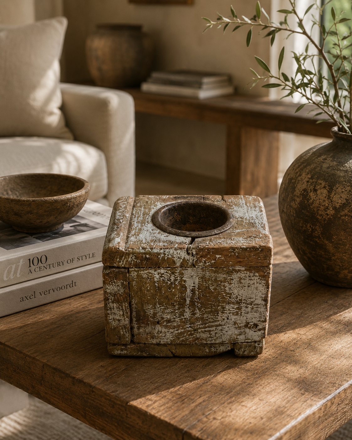 Antique White-Wash Wooden Block T-Light Holder (9X7X6 CM)