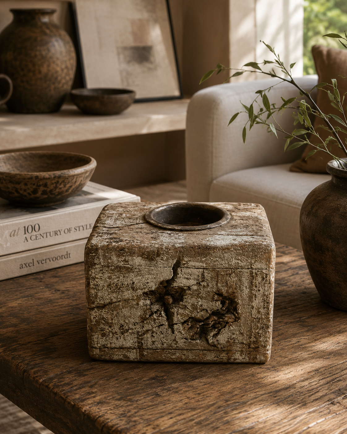 Antique Distressed Weathered Wooden Cube Candle Holder (10X8X8 CM)