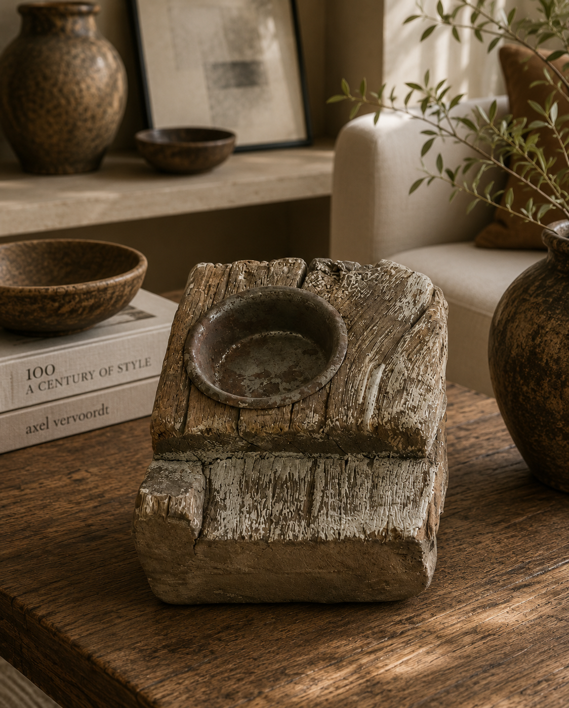 Antique Rustic Distressed Wooden Block Candle Holder (10X9X5 CM)