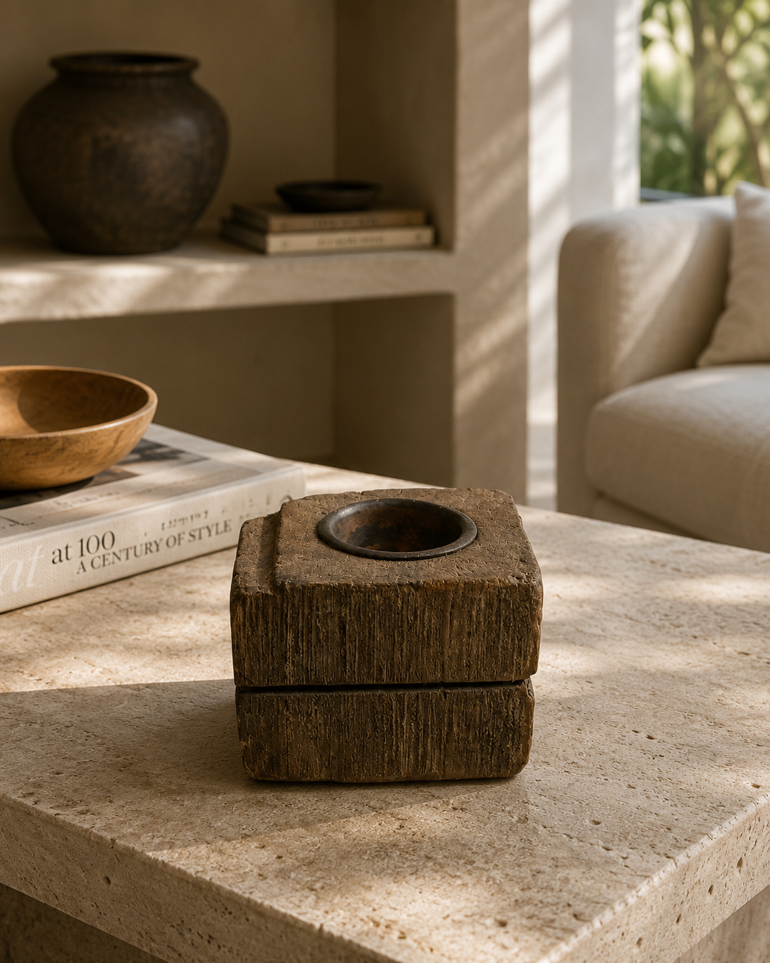 Antique Grooved Rustic Wooden Block Candle Holder (9X8X6.5 CM)