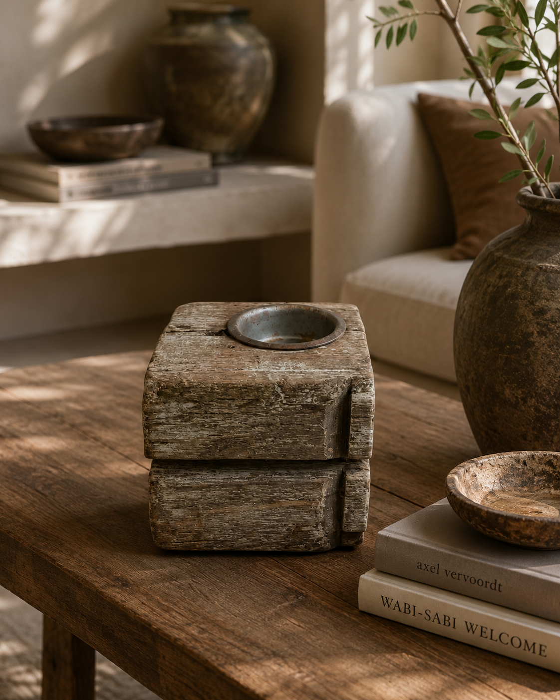 Antique Textured Wooden Block Candle Holder (10X8X8 CM)