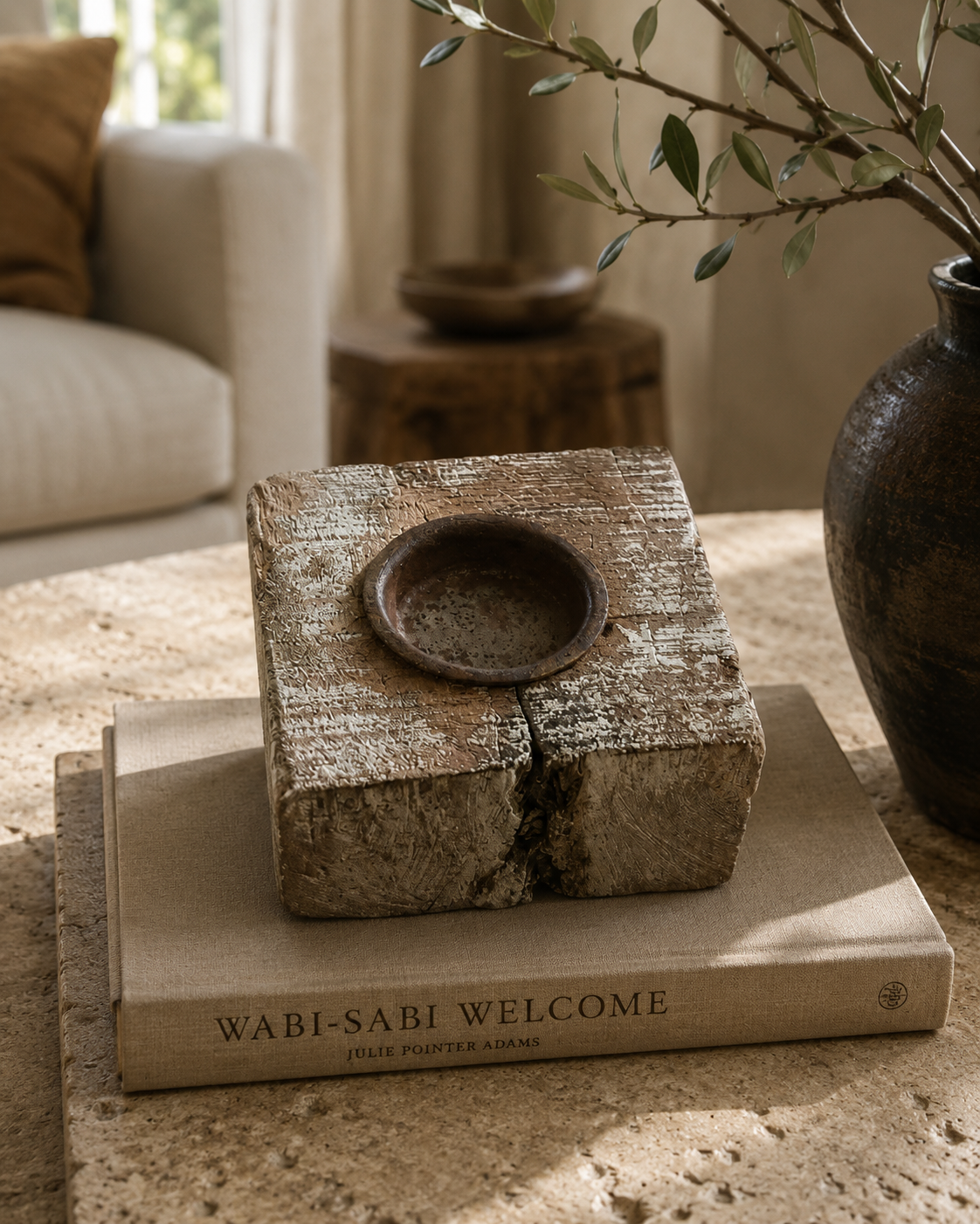 Antique Distressed Square Wooden T-Light Holder (9X7 CM)