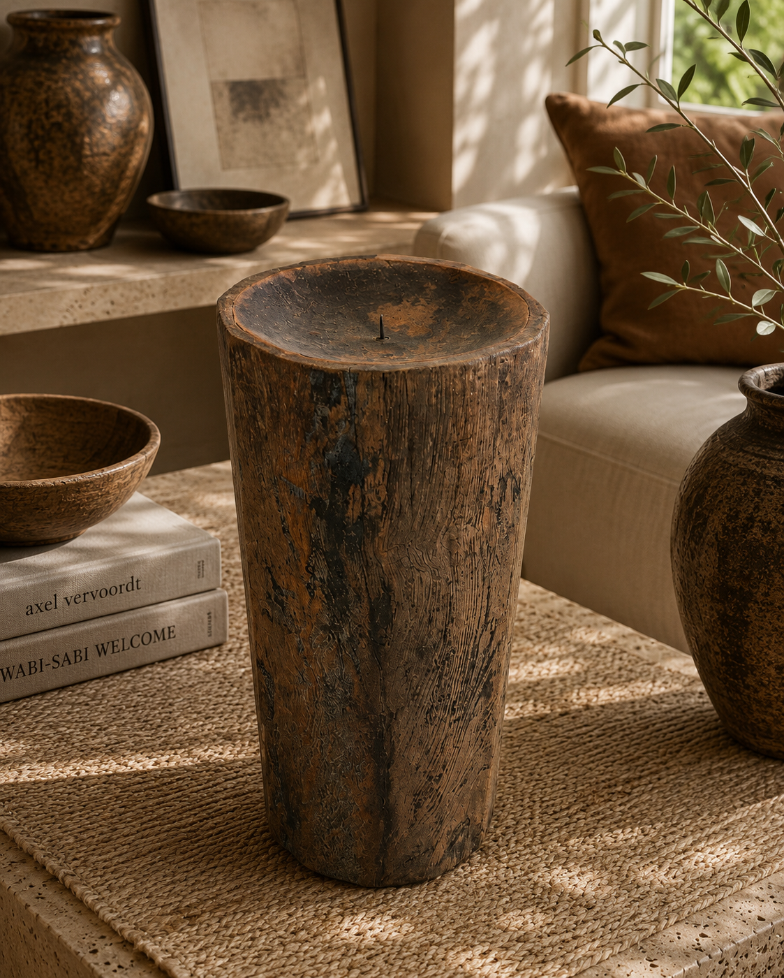 Antique Tall Natural Log Wooden Pillar Candlestick (16X36 DH CM)