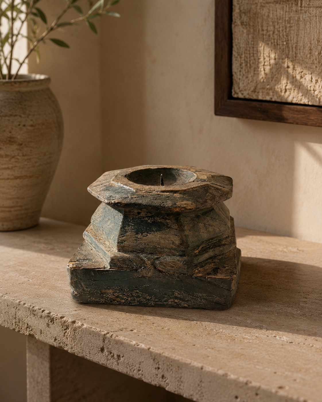 Antique Tiered Base Dark Carved Wooden Candle Stand (23X23X17 CM)