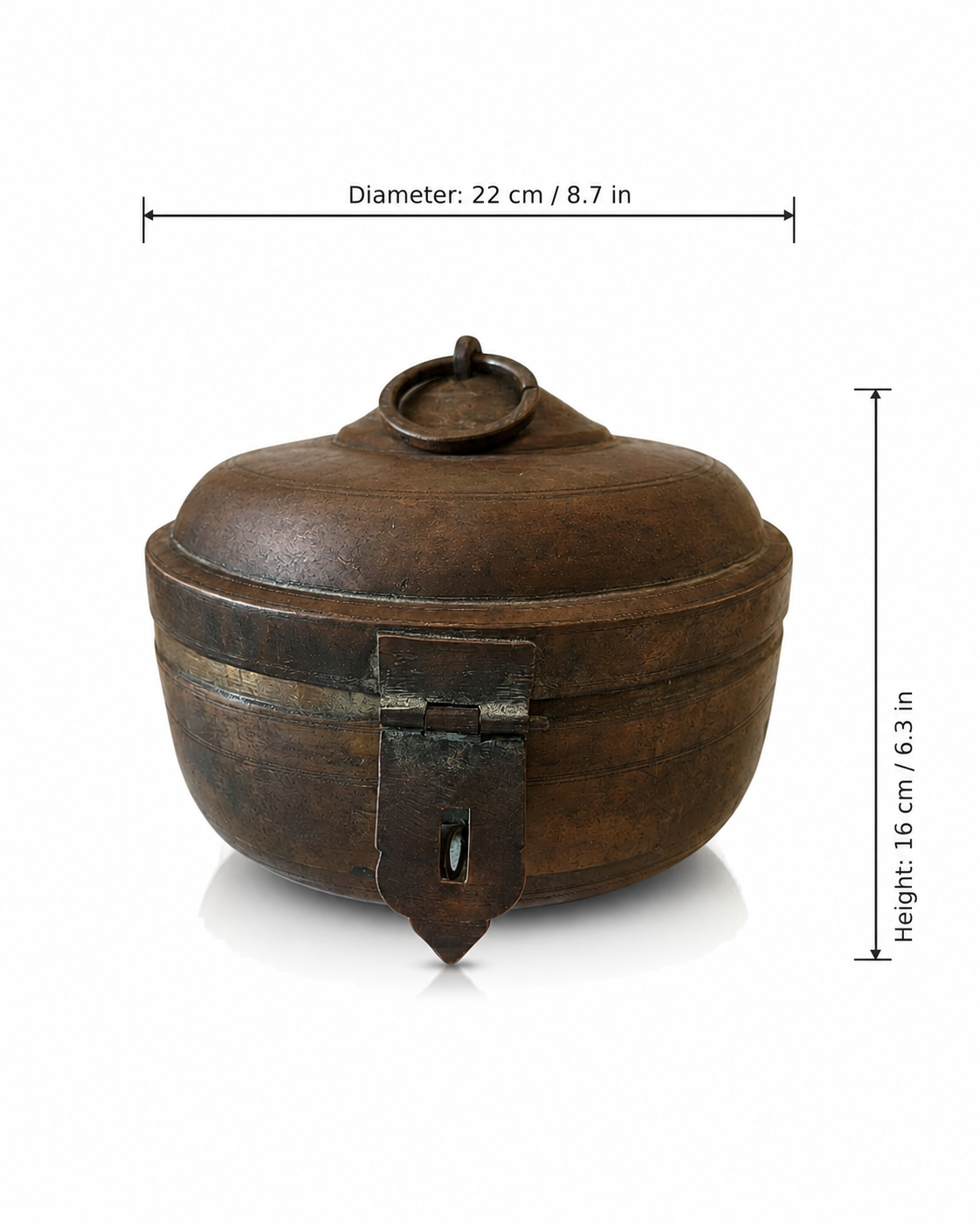 Antique Tiered Dome Brass Kudda Box with Ring Handle (22x16 cm)