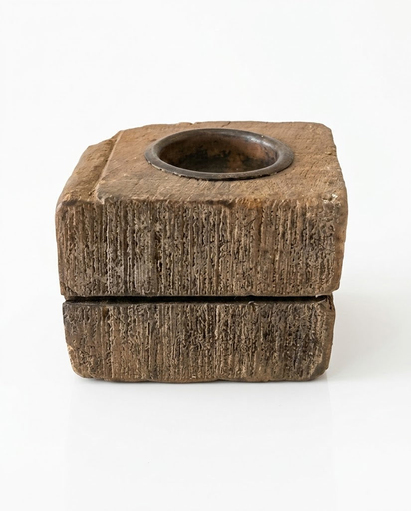 Antique Grooved Rustic Wooden Block Candle Holder (9X8X6.5 CM)