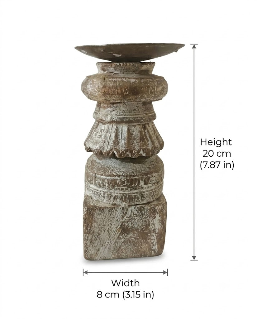 Antique Distressed Carved Wooden Pillar Candle Holder (8X20DH CM)
