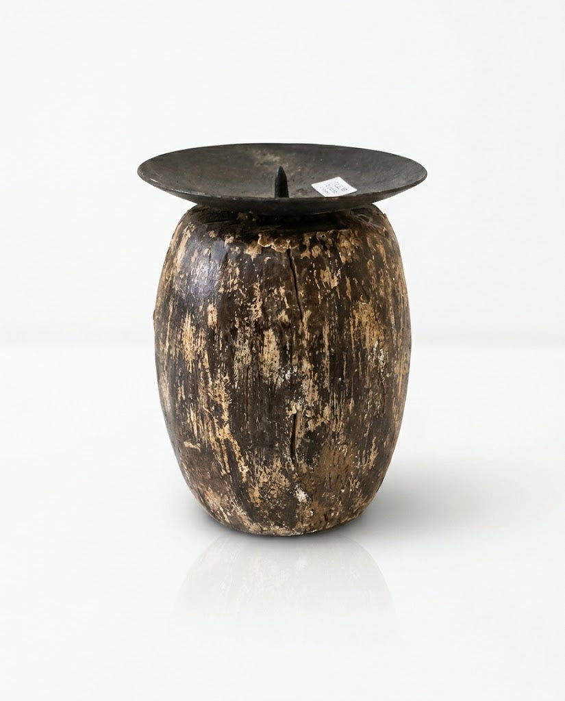 Antique Oval Drum Rustic Wooden Candle Holder (11X7 DH CM)