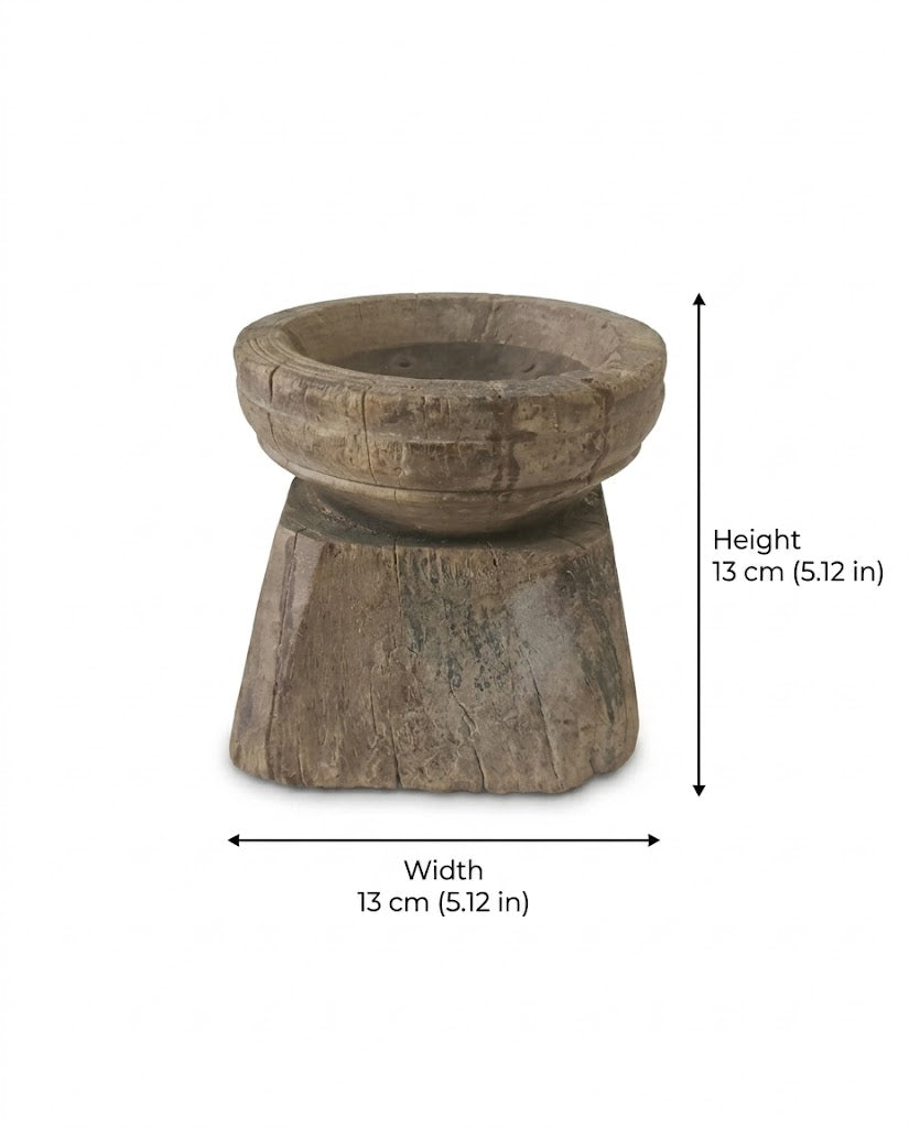 Antique Rustic Wooden Block Base Candle Holder (13X13X13 CM)